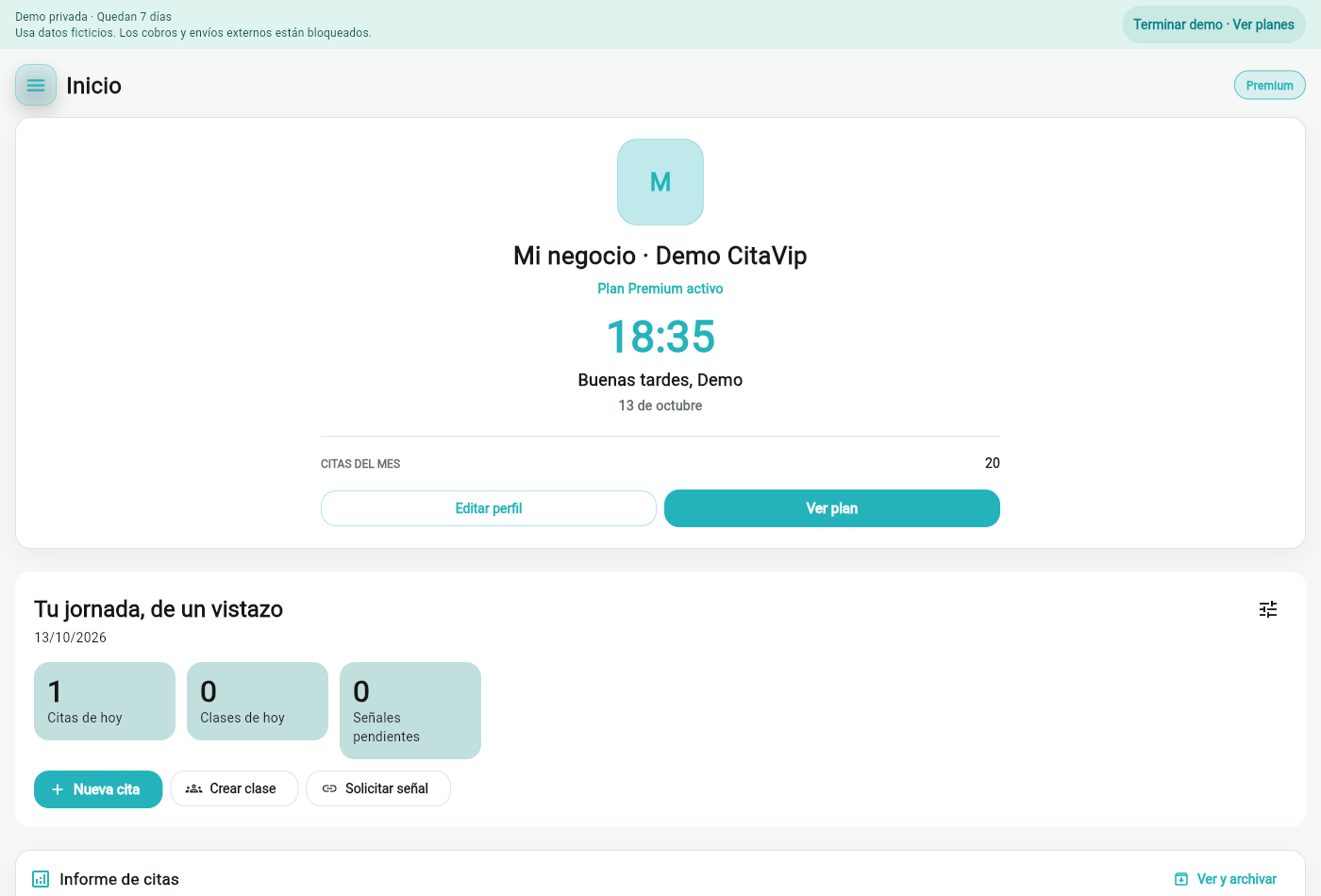 Captura real de la demo de CitaVip: panel de inicio con citas del mes, equipo y resumen de la jornada